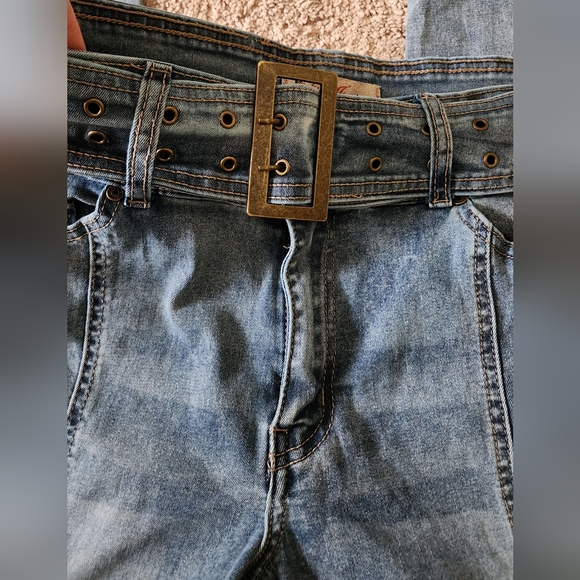 Y2K chunky belted stretch flare jeans center seam vintage denim juniors 11 - Picture 3 of 7